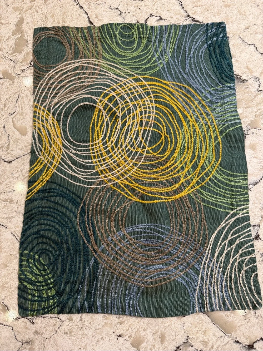 Crate & Barrel Cirque Embroidered Placemats Teal Green Yellow Brown - Set of 4